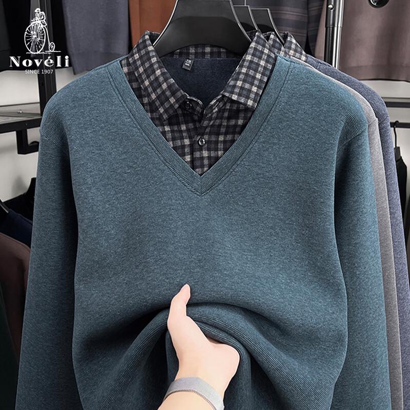 Lanweilong Men's Fleece Lined Plaid Faux Two-Piece Sweater