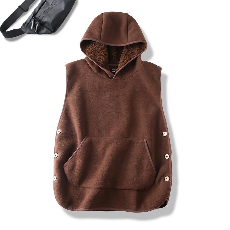 Lady Thermal Vest Women Side Button Closure Fleece Hooded Vest Solid Color Front Pocket Casual Fall Winter