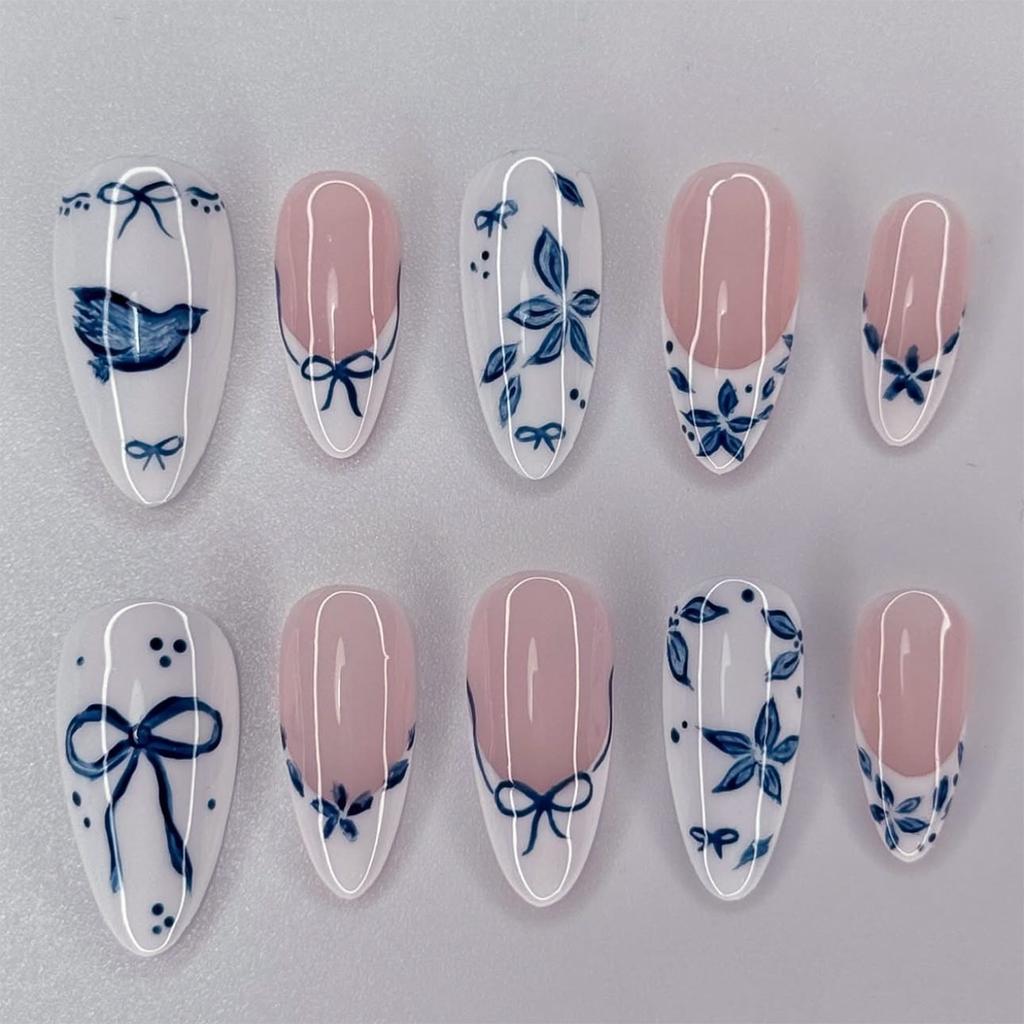 24PCS Fresh Blue French False Nails Simple Bowknot Designs with Pearl Press On Nails Full Cover Wearable Almond Fake Nails Tips