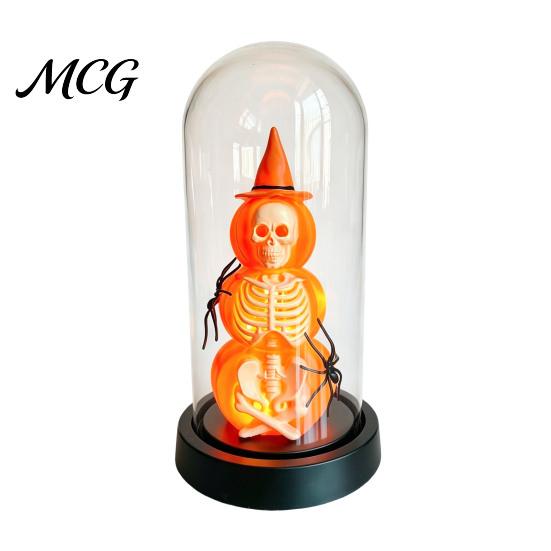 Unique Halloween Gift Decoration, Lighted Skeleton in Clear Dome Cloche with Warm Glow, Battery Year-round Decor Operated Skull Lamp Witch Hat