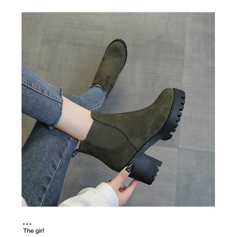Women's Autumn and Winter Single Boots Women's Thick Heel Martin Boots Thick Sole British Style Round Toe Short Boots High Heel