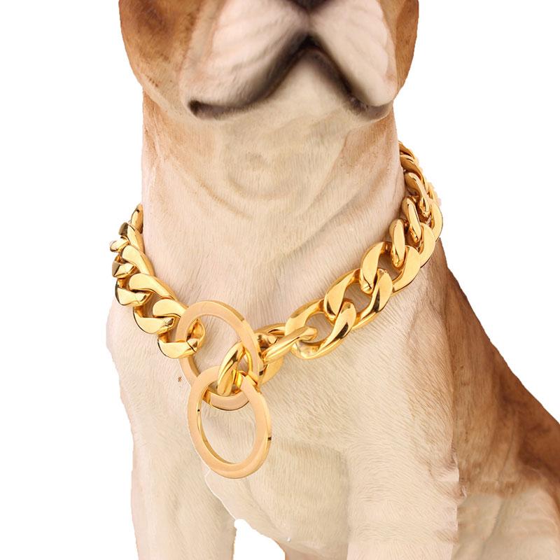 Cuban Link Thick Gold Chain Pet Collar for Large Dogs, Durable Stainless Steel with Gold Plating for Stylish and Safe Walks