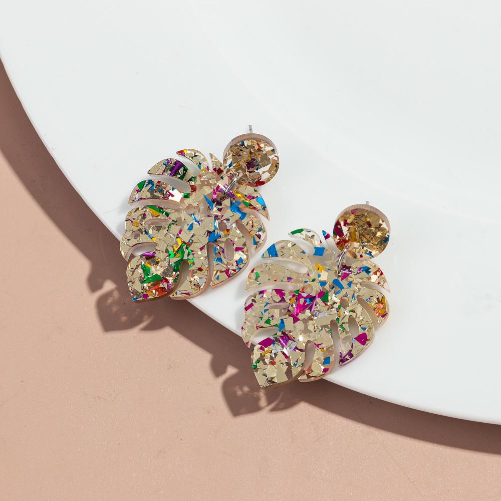 Sequins Acrylic Colorful Monstera Leaf Drop Earrings for Women Exaggerated Tropical Leaves Plant Earrings Fashion Jewelry Gifts