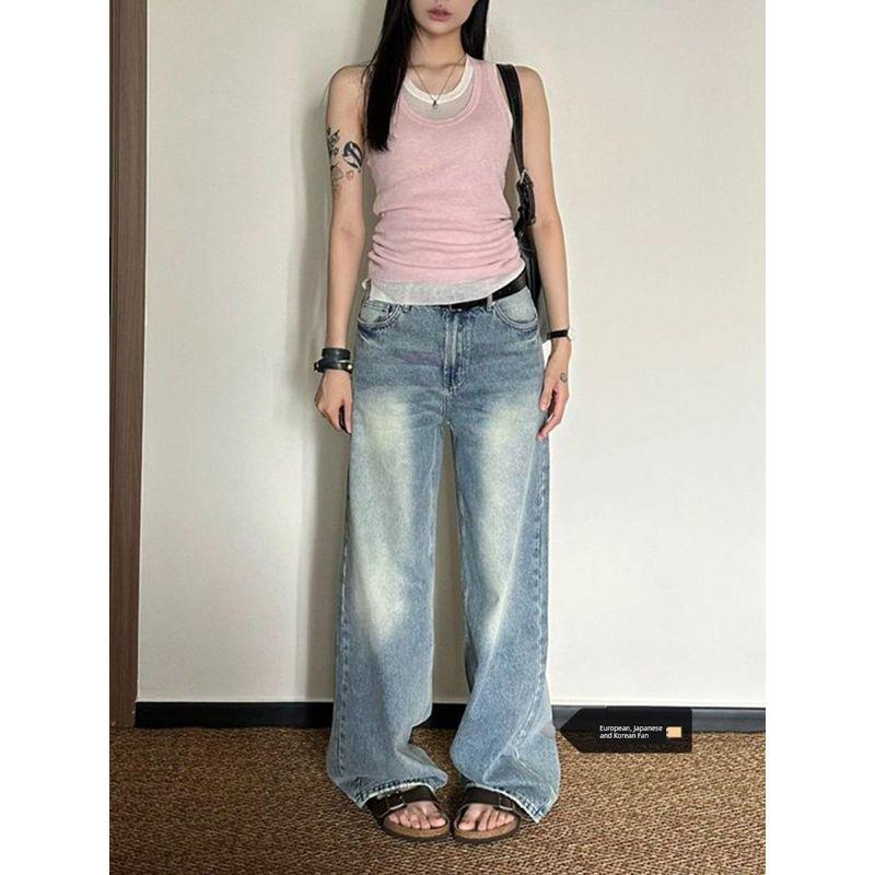 

Plus Size Retro Profile Straight-leg Denim Female Summer American High Waist Loose Drooping Wide Leg Mop Pants Tide Blue 4XL [Suggested 87.50 kg-100.00 kg]]