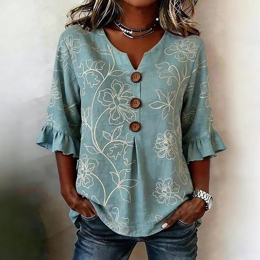 Women V Neck Floral Print Button Front Loose Fit Blouse Ruffle Sleeve Casual Top for Everyday Wear