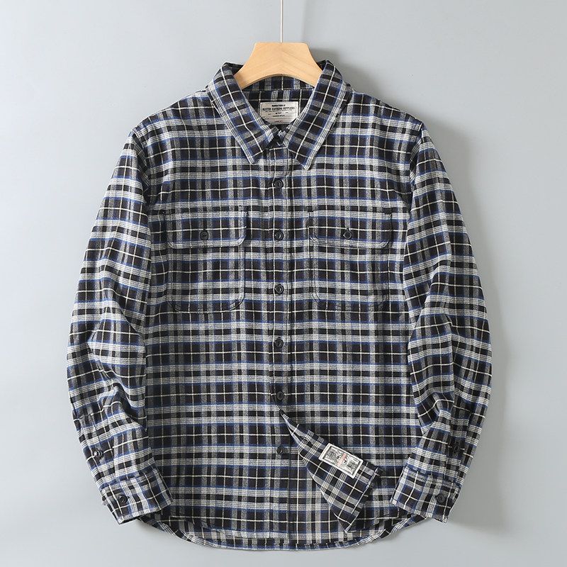 American Retro Brushed Plaid Casual Shirt, Export Cut Label Men's Trendy Workwear Long-Sleeve Shirt Jacket