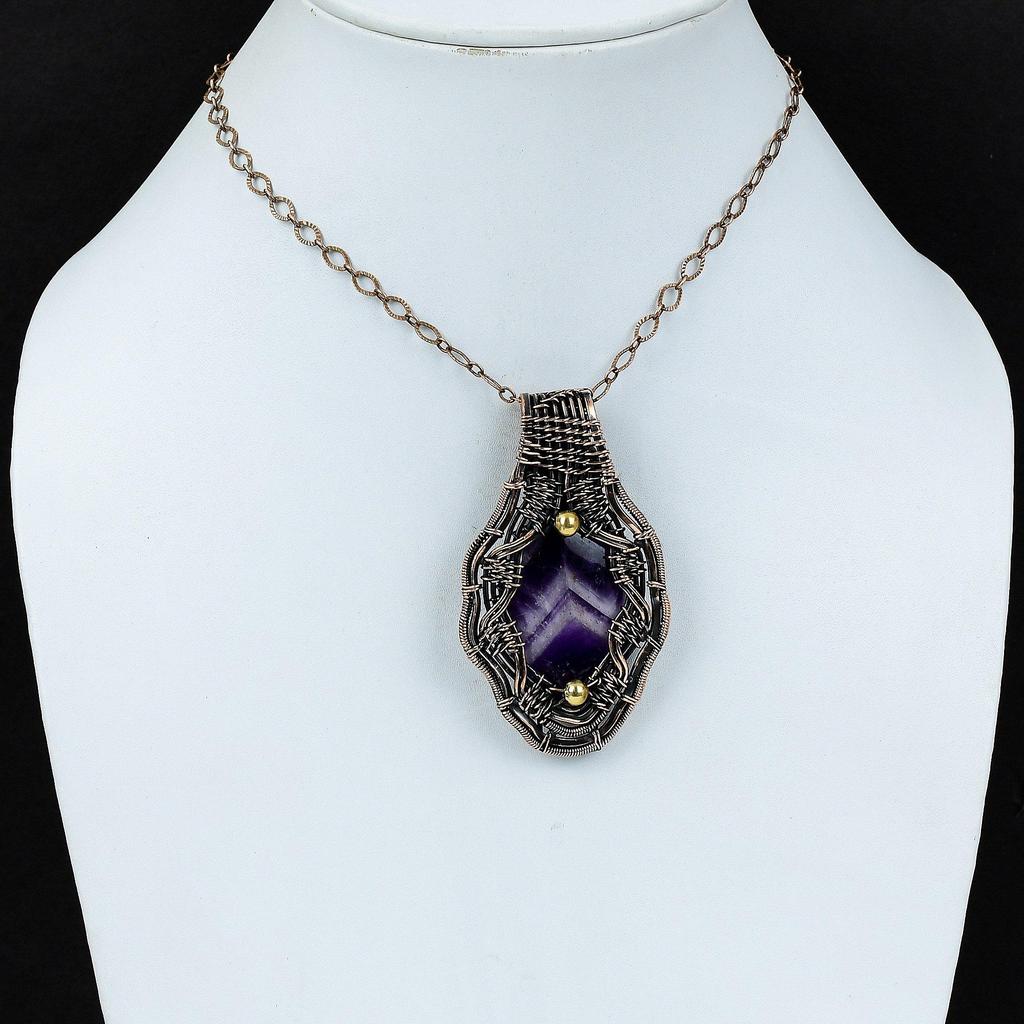Chevron Amethyst Pendant Copper Wire Wrapped Pendant Ethnic Style Pendant Handmade Jewelry Gift For Mom Gemstone Pendant Copper Wire Jewelry