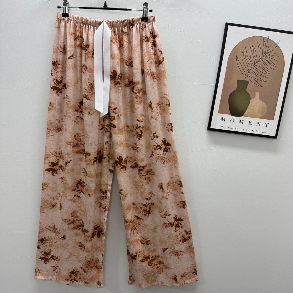 Damen-Blumen-Baumwoll-Seiden-Pyjama - Große Größen, Sommer, Leicht, Für draußen, Gerades Bein, Lockerer Schnitt