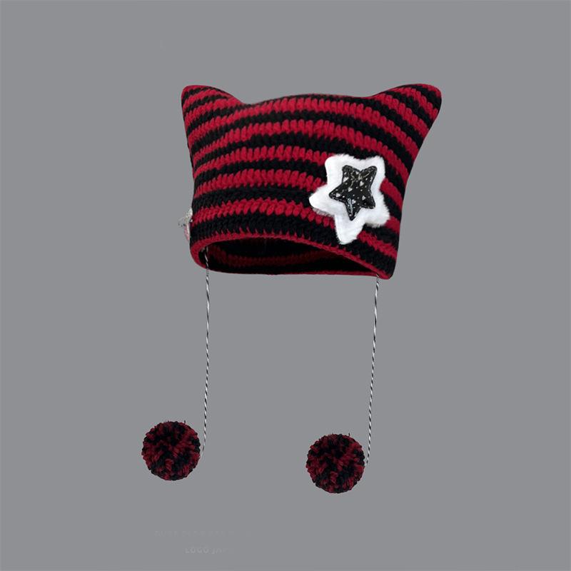 Abi Wind Handmade Cute Five-Star Cat Ears Striped Devil Warm Hat Knitted Ball Wool Hat Female