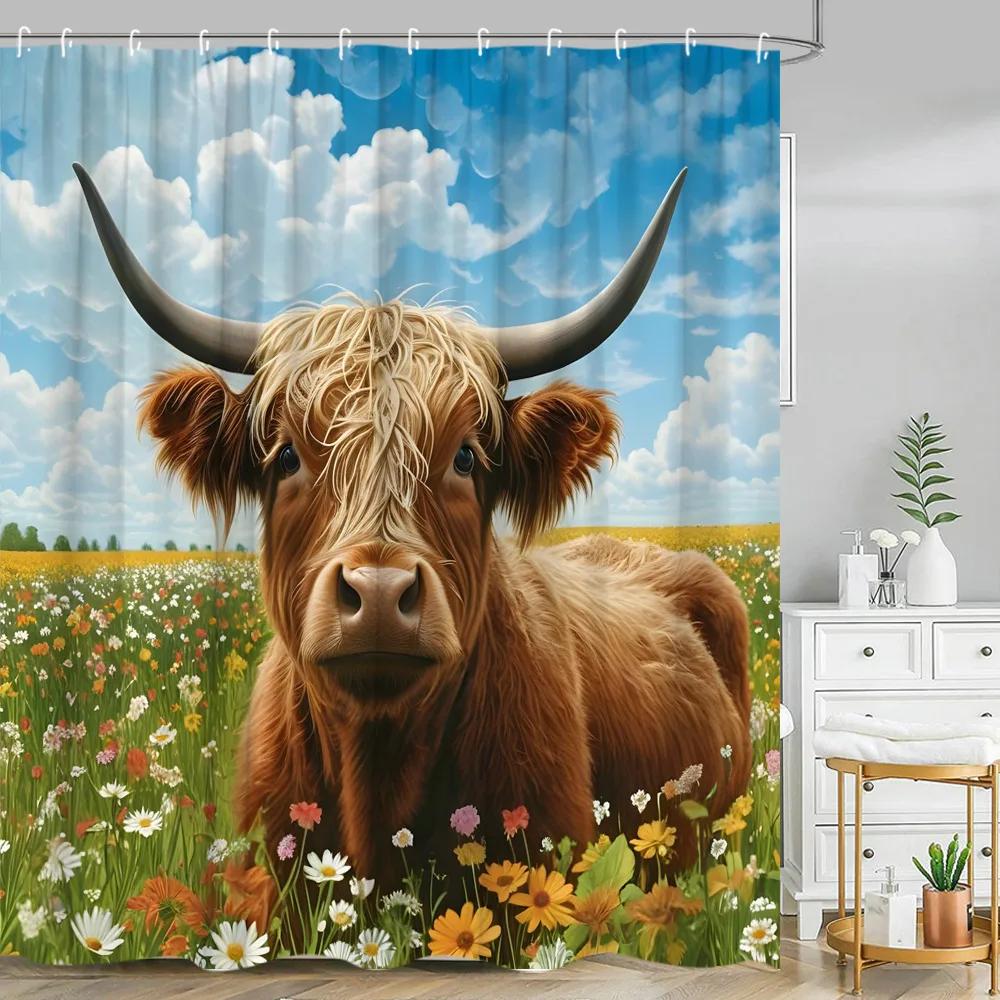 Funny Highland Cow Shower Curtain Farm Cartoon Pig Dog Flower Plant Rustic Farmhouse Kid Polyester Fabric Bathroom Decor Curtain