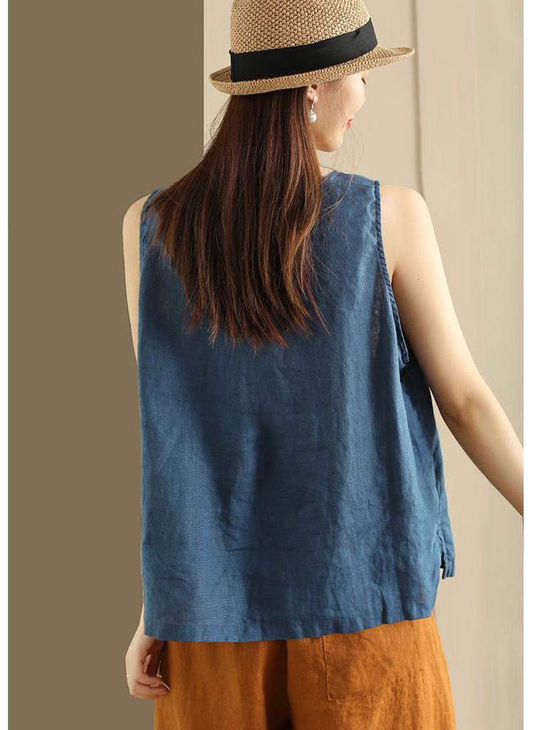 Cotton Linen Sleeveless T-Shirt Summer Casual Button Decoration Vest Loose Top