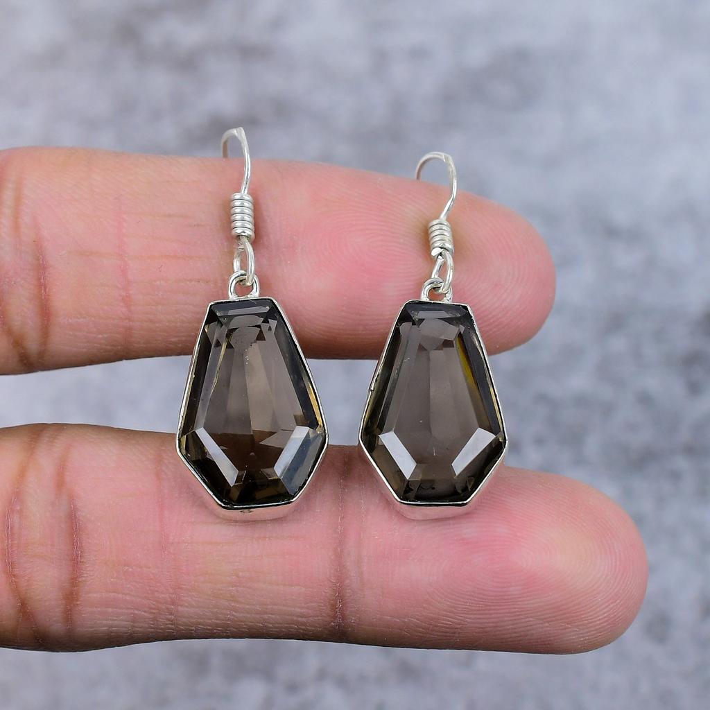 Smoky Topaz Gemstone Handmade 925 Sterling Silver Jewelry Earring 1.58" M-363
