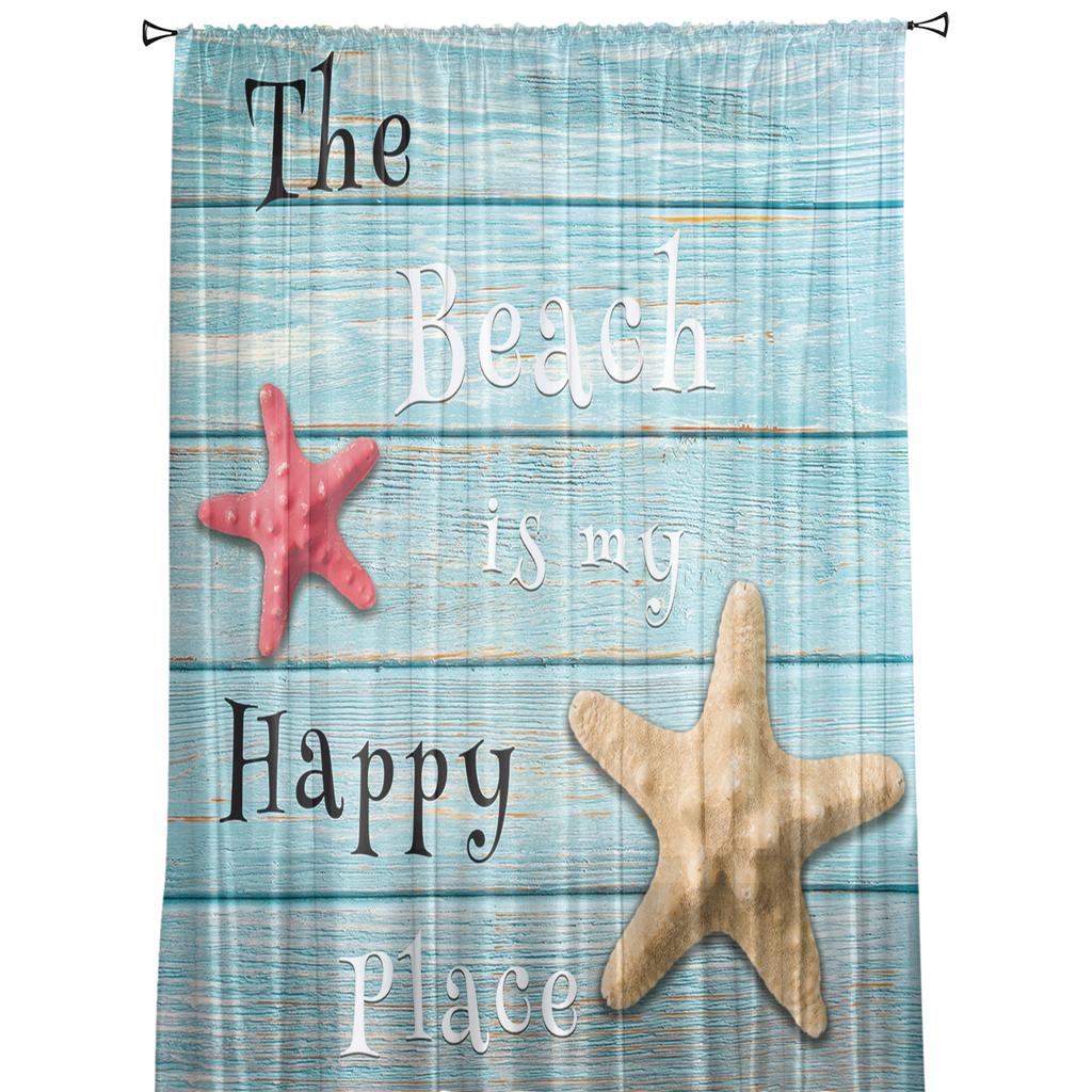 Wood Grain Beach Text Starfish Curtain For Living Room Transparent Tulle Curtains Window Sheer For The Bedroom Accessories Decor