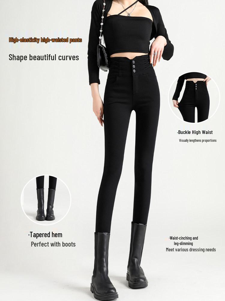 Women's Black High-Waisted Velvet-Lined Skinny Pants for Autumn/Winter 2025
