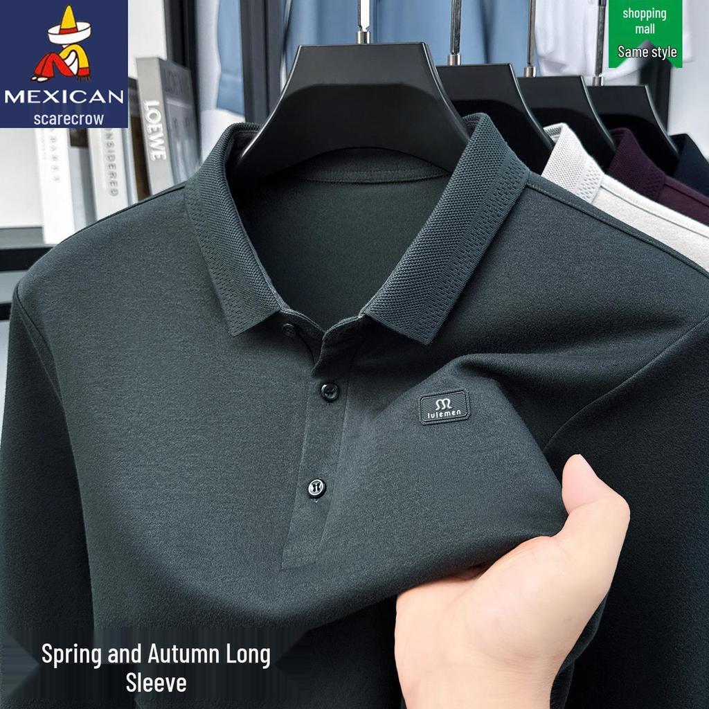 Scarecrow Herren Langarm-Poloshirt, Unifarben, Baumwolle, Lässige lockere Passform für Frühling und Herbst 2025