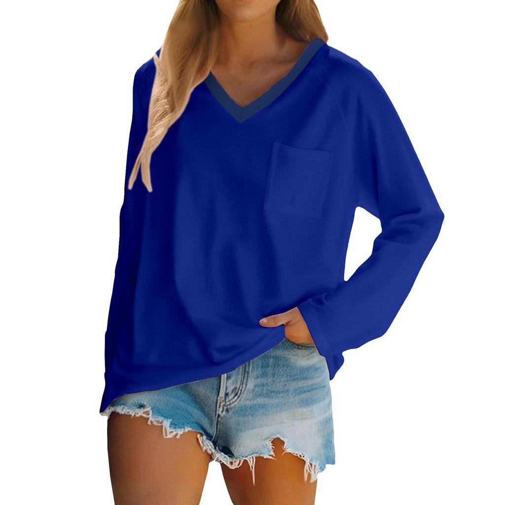 Women's Raglan Long Sleeve V-Neck T-Shirt Splicing Solid Color Casual Top Pullover V-Neck Pocket Bottoming Shirt