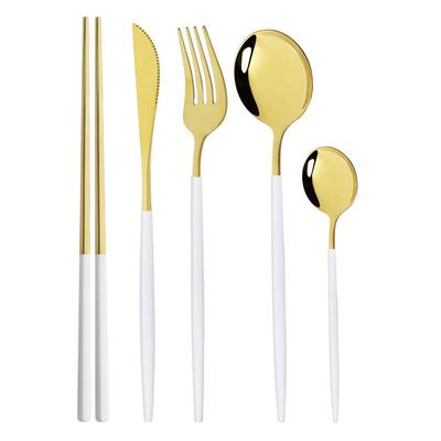 5Pcs White Gold Cutlery Set Stainless Steel Dinnerware Silverware Flatware Set Dinner Knife Fork Spoon Tablespoons Chopsticks