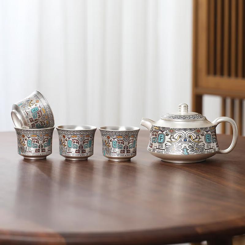 Yunyan 999 Sterling Silver & Ceramic Kung Fu Tea Set (1 Pot, 4 Cups)