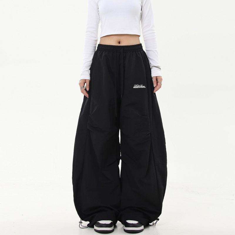 

American Retro High-end Pleated Paratrooper Work Pants, Loose Wide Leg Banana Curved Knife Pants, High Waisted Drawstring Pants XXXL чорний