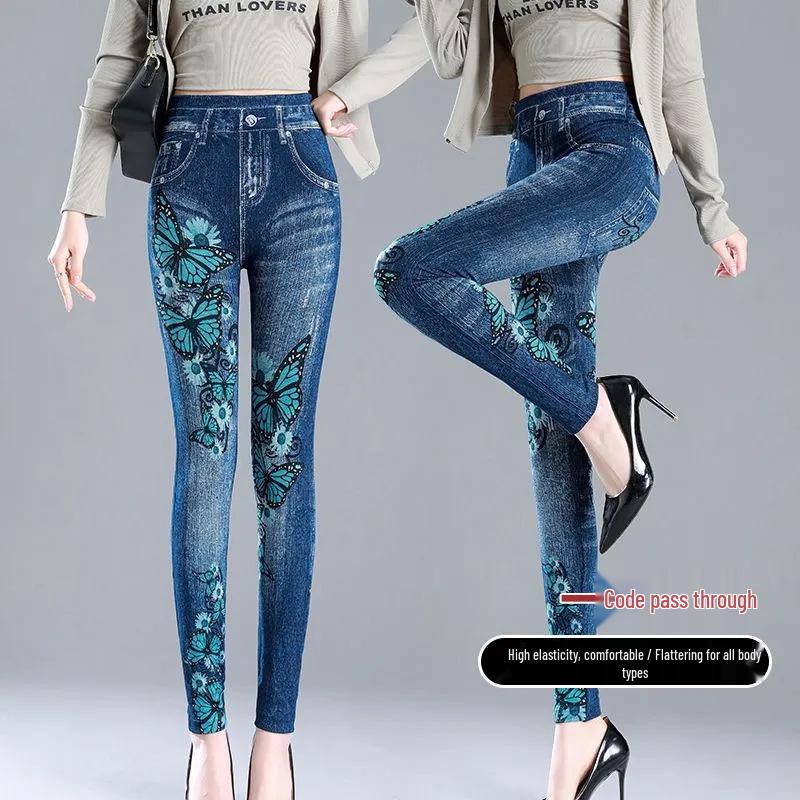 Women's Slim Fit High-Waisted Stretch Denim Printed Pants