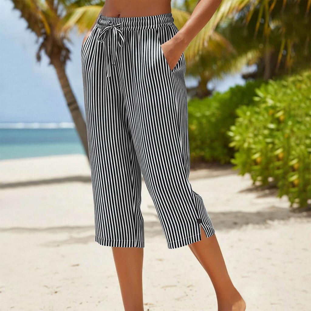 Damenmode Gestreifter Druck Elastischer Bund Locker Lässig Sieben-Achtel 7/10 Hose
