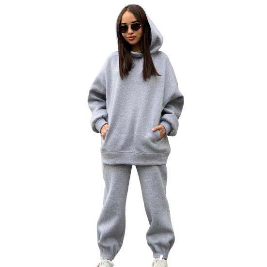 2 Pcs/Set Women Autumn Tracksuit Solid Color Loose Elastic Waist Thick Hooded Keep Warm Pocket Elastic Cuff Deep Crotch Winter
