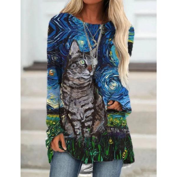 Round Neck 3D Ethnic Style Printed Top Fashionable Casual Long Sleeved Women's T-shirts