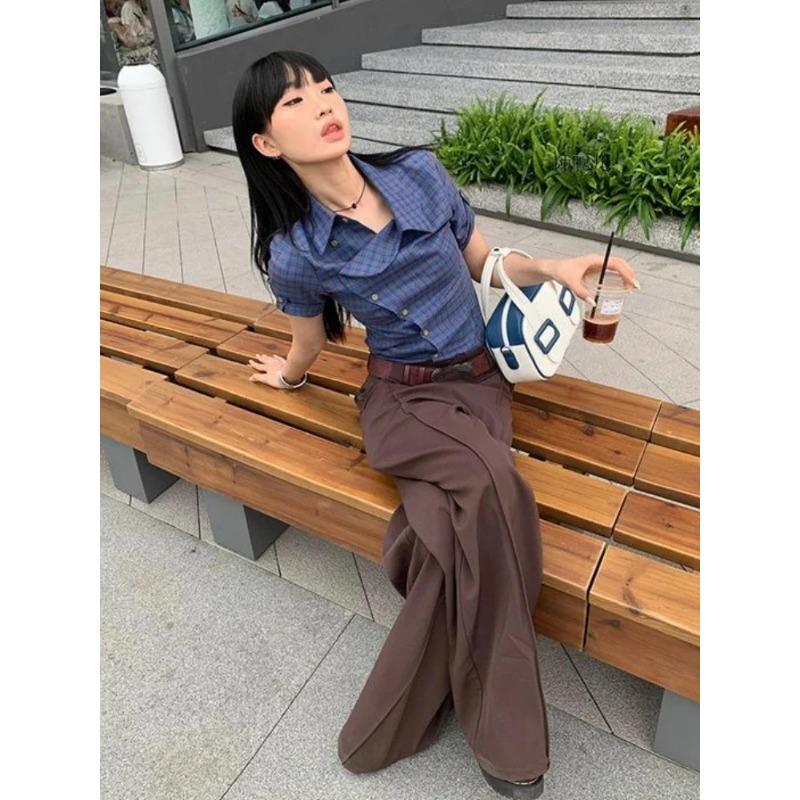 Y2k estetické vintage kostkované Harajuku košile letní jednořadé dámské ležérní halenky japonské štíhlé streetwear blůzy de mujer