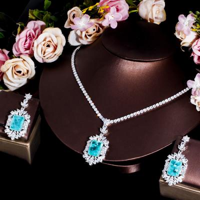 Conjunto Colar Pingente Brincos Femininos Turmalina Paraíba Sintética Azul Marinho Acessórios para Vestido