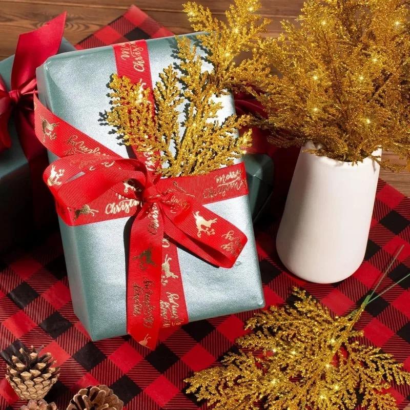 10/5PCS Christmas Glitter Artificial Pine Branches Xmas Tree Hanging Ornament Leaves Fake Plants Flower New Year Home Decoration
