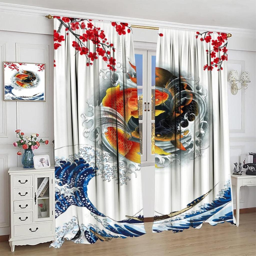 Koi Fish Curtains  Fantasy Yin Yang Japanese Big Wave Koi Cherry Blossom Room Window Curtains  42x45in Decor