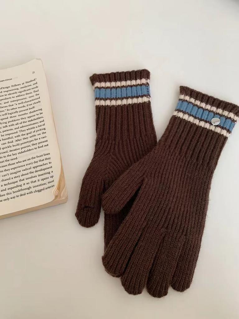 Retro Striped Arctic Fleece Split Fingers Gloves Knitted Wool Autumn and Winter Cold Protection Outdoor Riding Solid Color Touch Screen