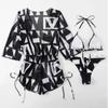 Women's Swimwear In a 3-Piece Leaf Plant Print Triangle Halter Neck Bikini Set with Cover Up Drawstring Side Overalls Jumpsuit
