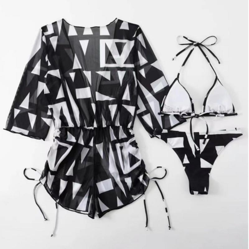 Women's Swimwear In a 3-Piece Leaf Plant Print Triangle Halter Neck Bikini Set with Cover Up Drawstring Side Overalls Jumpsuit