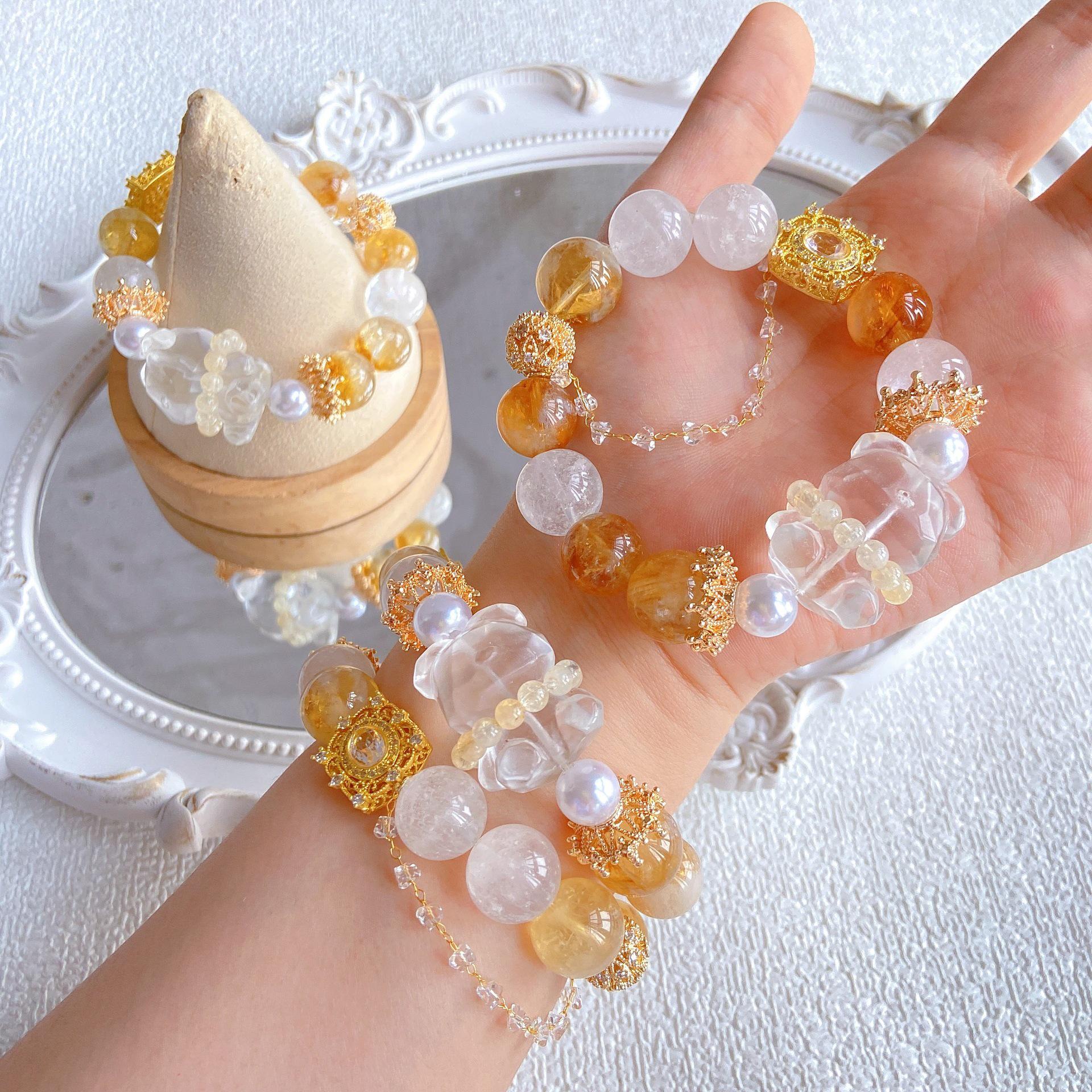 Natural Yellow Tower Crystal White Phantom [Butterbeer Bear] Bracelet - Popular DIY Jewelry