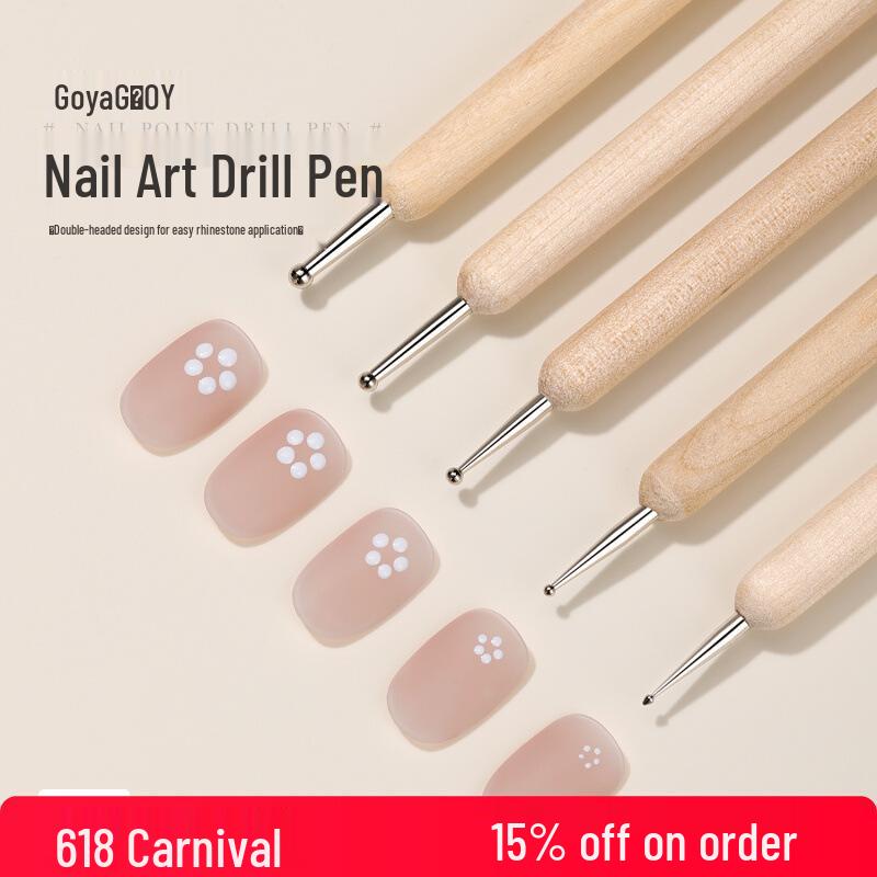 5pcs Double-Ended Nail Art Dotting Pens with Wood Handles for Rhinestones and Polka Dots