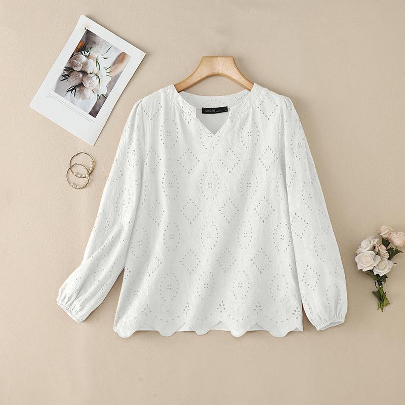 ZANZEA Women Casual V-Neck Long Sleeve Loose Lace Crochet Patchwork Blouse