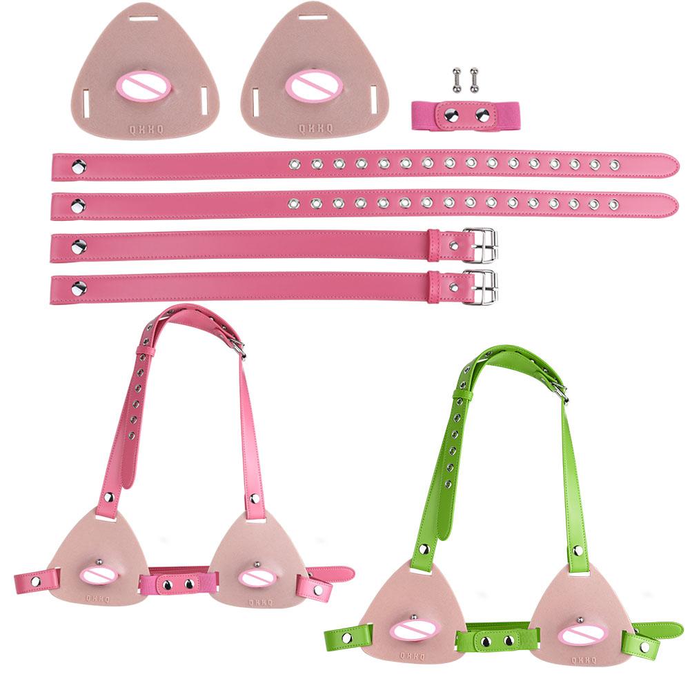 QKKQ PU Leather Silicone Red Lips Bra Realistic Labia Underwear Chest Pleasure Breast Bondage Chest Bodice For Couple FlirtingGood product