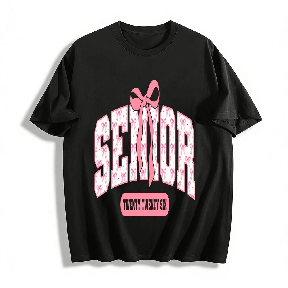 Senior 2026 Pink Bow Print Casual Loose Fit Graduation Top Pure cotton T-shirt XXS