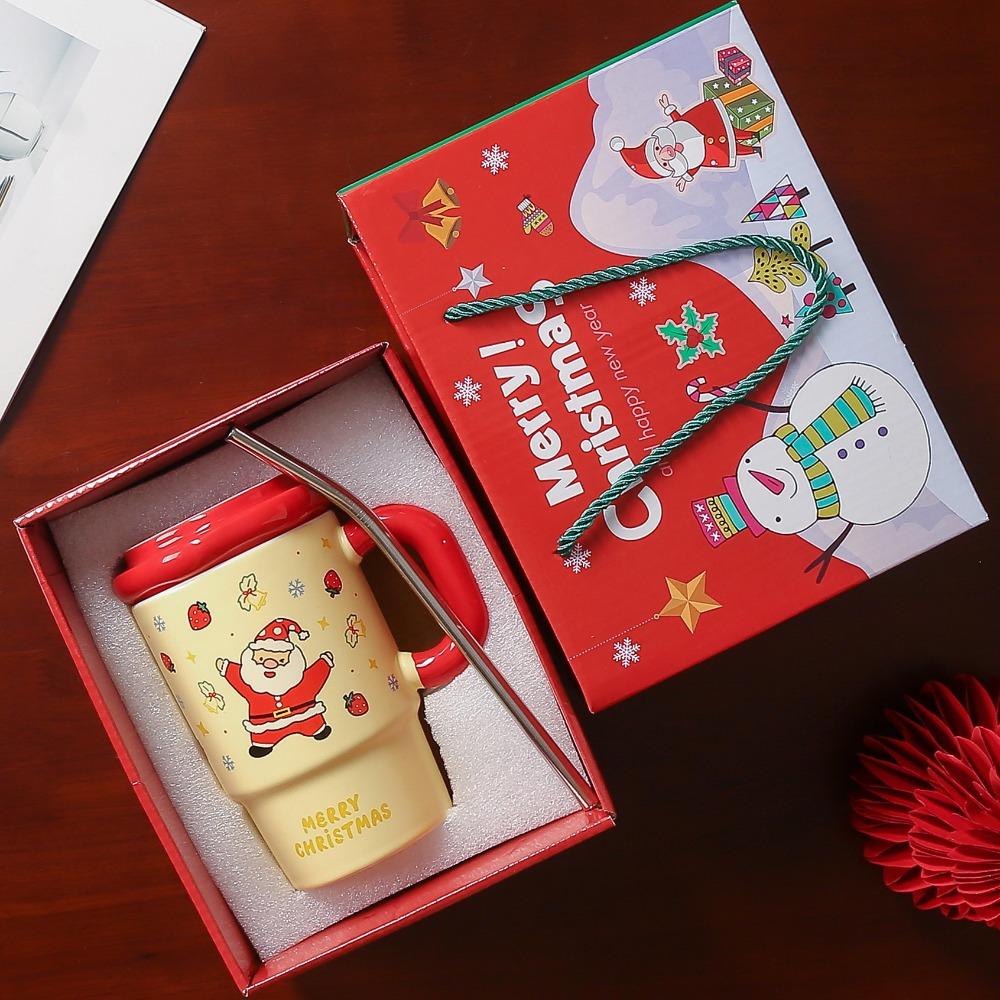 Large Capacity Straw Mug Christmas Gift with Lid College Student Holiday Souvenir Mug Cartoon Ceramic Cup 550ml