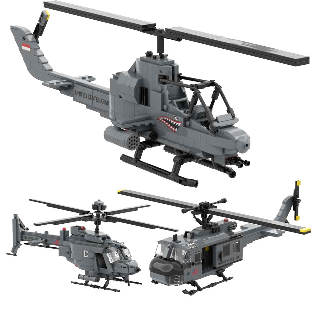 Armed Helicopter UH-1D Huey AH-1G AH-F AH-1Z AH-1W OH-58A OH-58D Little Bird Multipurpose Utility Helicopter Military Block Toy