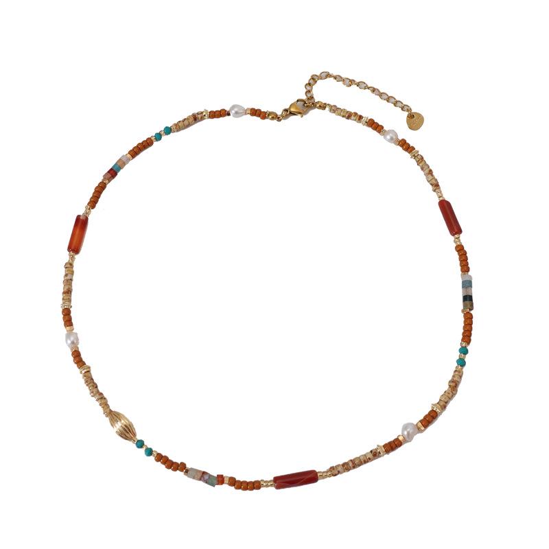 Guo Huang Roter Rhodonit Perlenkette - Naturstein Pulloverkette Schlüsselbein-Accessoires für Neujahrsfeierlichkeiten.