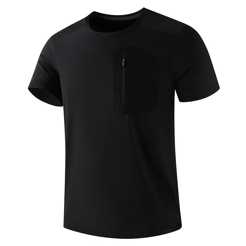 Men Quick Dry Short Sleeve T Shirt Crew Neck Athletic Top With Zipper Pocket For Sports Running S чёрный