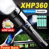 Ultra Bright Flashlight XHP360 LED Zoomable Spotlight Long Range Emergency Torch USB-C Rechargeable Detachable 18650 Battery