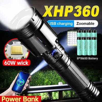 Ultra Bright Flashlight XHP360 LED Zoomable Spotlight Long Range Emergency Torch USB-C Rechargeable Detachable 18650 Battery