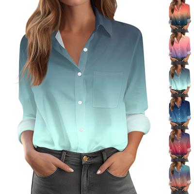 Damen Hemd Bluse Print Knopf Langarm Lässig Basic Hemdkragen Regulär Oberteil Mit Taschen