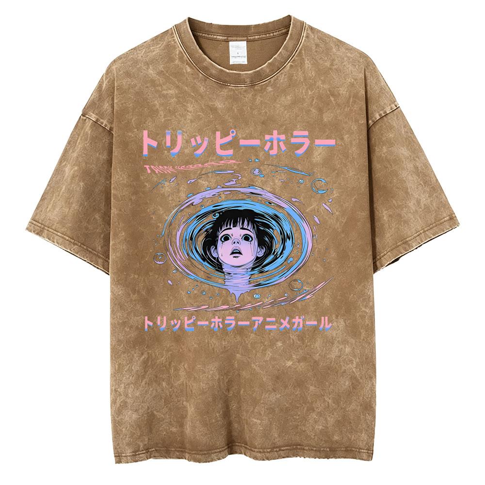 Unisex Washed Vintage Horror Anime Junji Ito Uzumaki Graphic T-shirt Men Women Manga Retro Oversized T Shirt Y2k Casual Cotton T-shirts