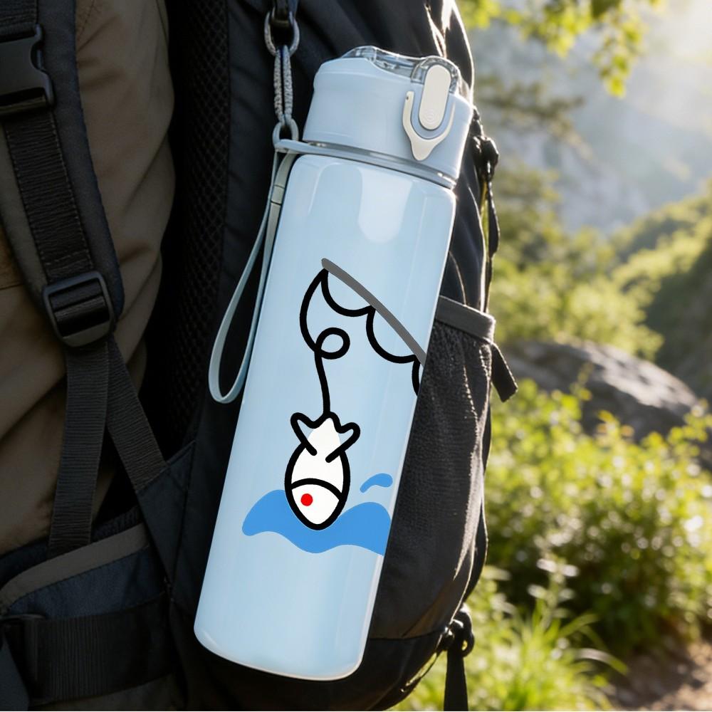 1PC Fishing Hook Sea Retro Print 750ml Color Plastic Sports Water Bottle Leakproof Flip Straw Lid Suitable for Sports Office Home Use