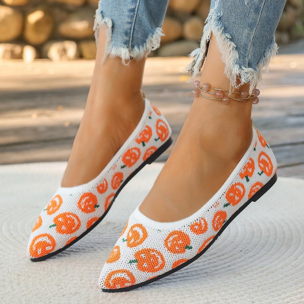 Halloween pumpkin women's shoes shallow mouth pointed head fly knitting one pedal single shoes