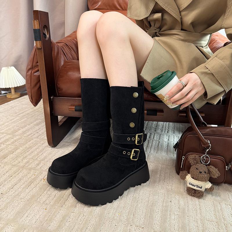 Retro Two-wear Folded Thick-soled Medium Boots Children's 2025 Autumn New Belt Buckle Medium Tube Fashion Short Boots